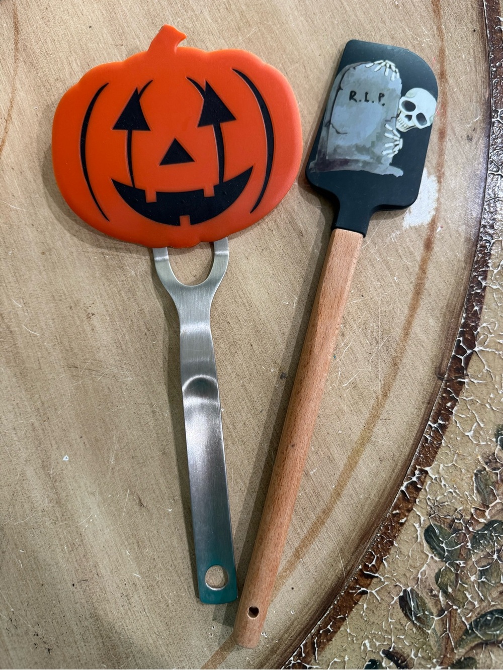 Pair of Halloween baking cooking utensils spatula pancakes eggs spooky pumpkin